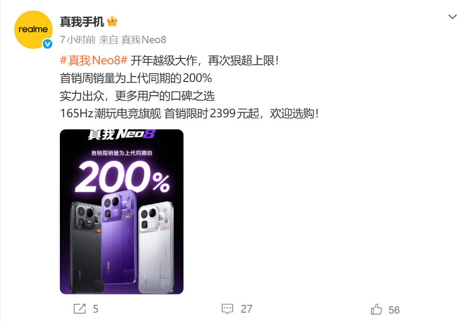 真我公布“战绩”：Neo8首周销量达上代200%
