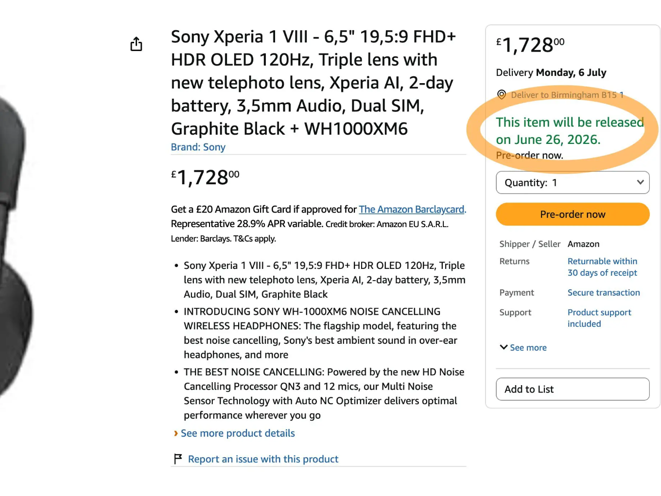 售价1.6万元！索尼Xperia 1 VIII上架电商平台