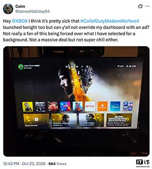 首页壁纸被替换为游戏海报:微软 XBOX 游戏机强推《使命召唤:现代战争 4》广告引发玩家不满