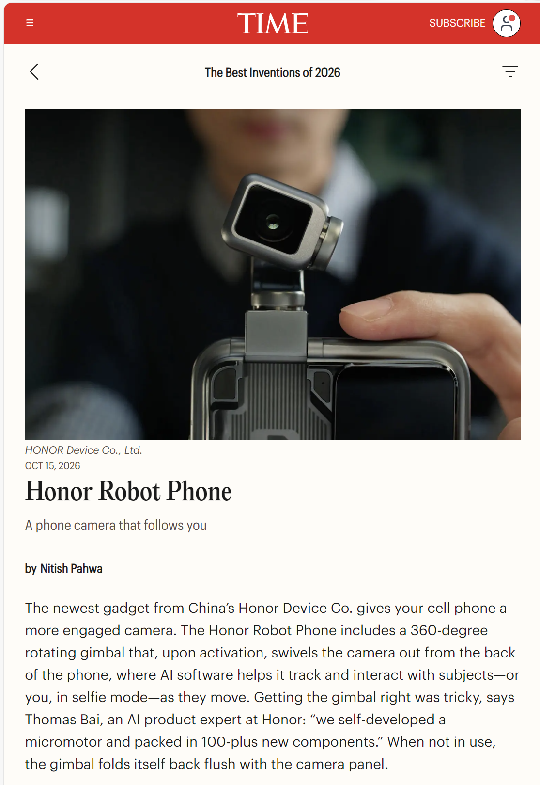 荣耀Robot Phone获《时代周刊》2026年度最佳发明大奖