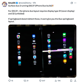 铺路更进一步：开发者成功在微软Surface Duo2上启动iPhone Duo专版苹果iOS 27系统