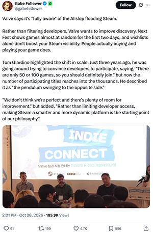 Valve 回应“Steam 平台低质量 AI 游戏泛滥”:正持续优化作品推荐机制